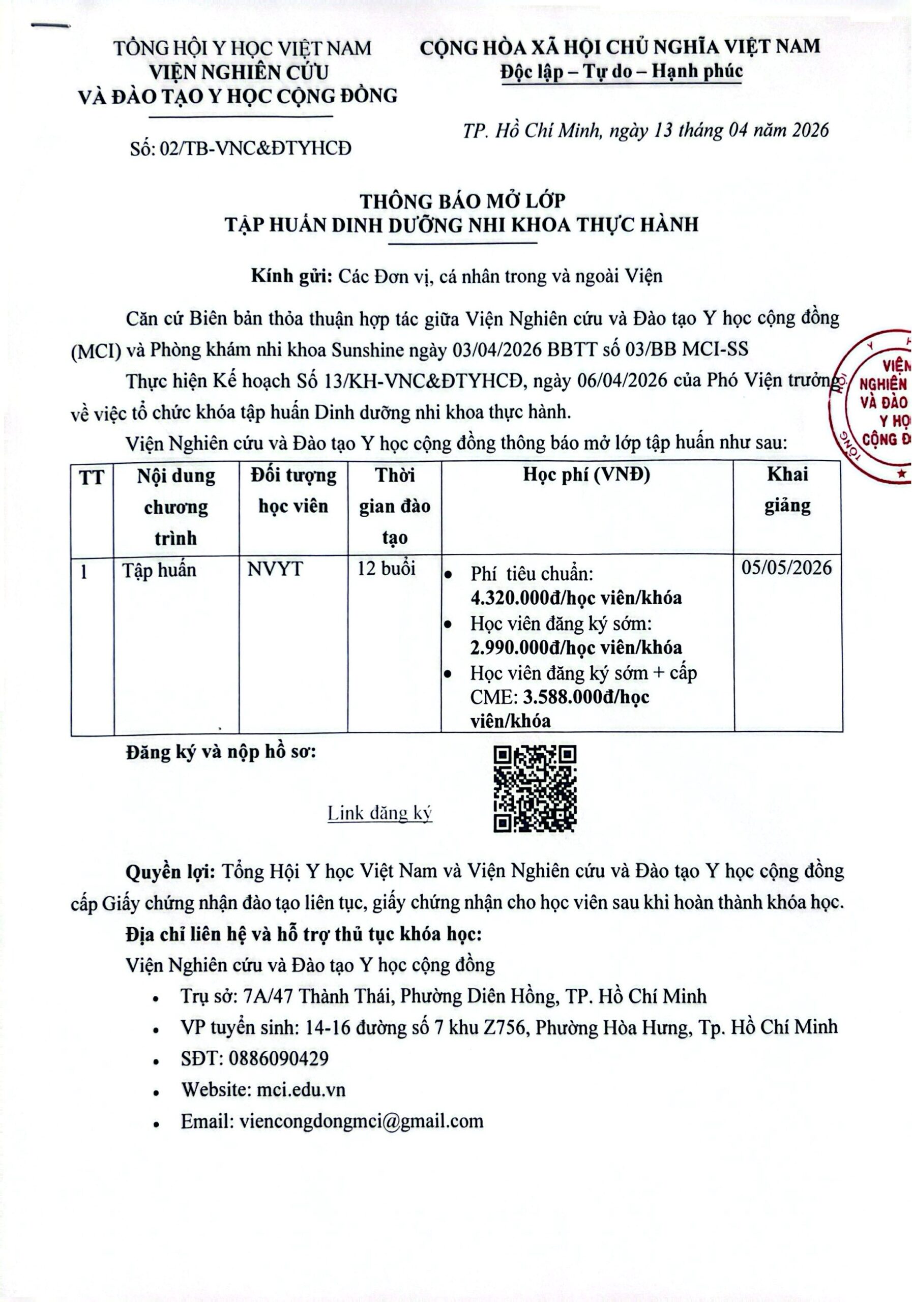 VB thông báo về việc Tổ chức khóa tập huấn Dinh dưỡng Nhi khoa thực hành